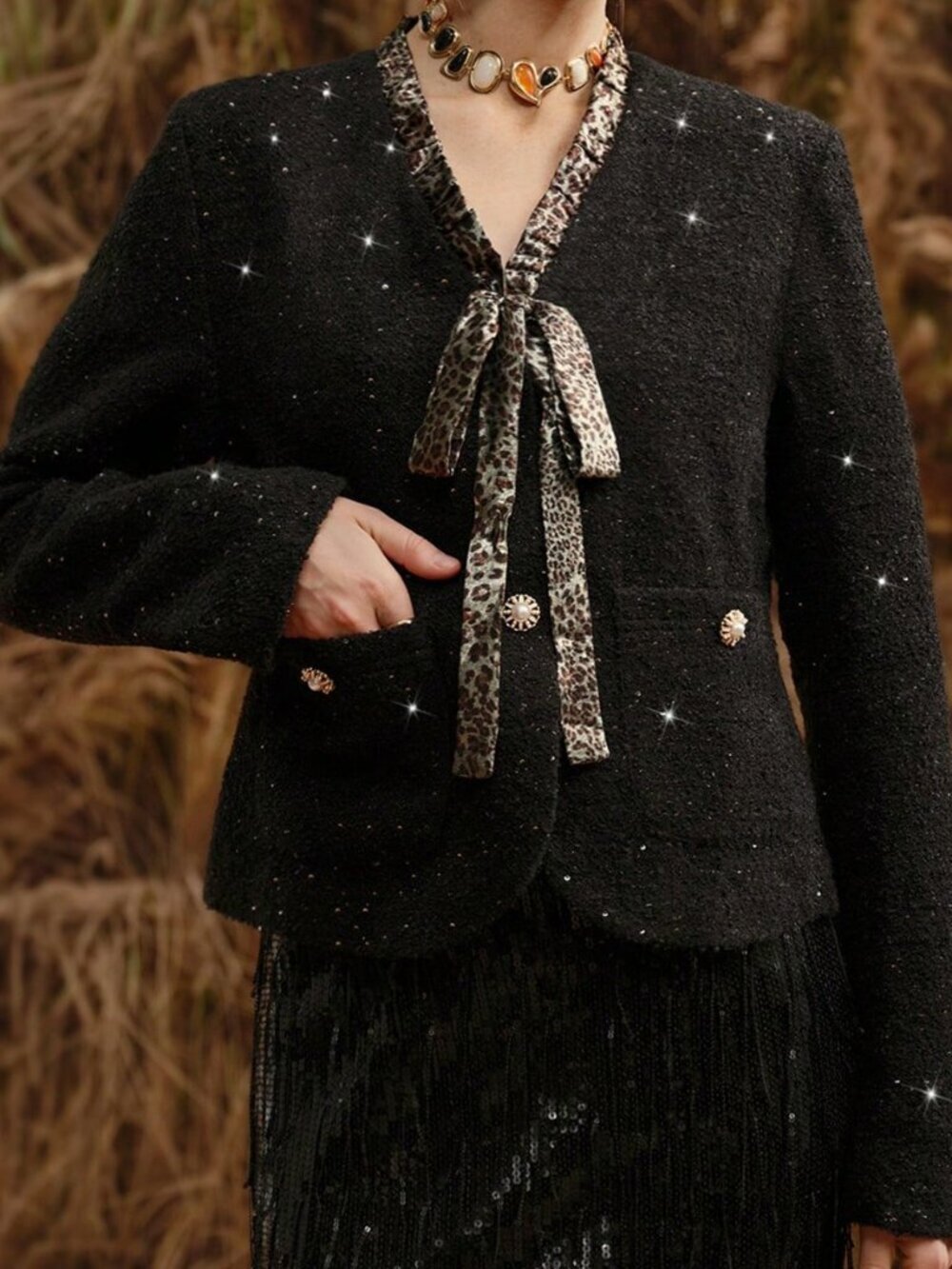 Black Glitter Party Women's Leopard Print Long Sleeve Jacket